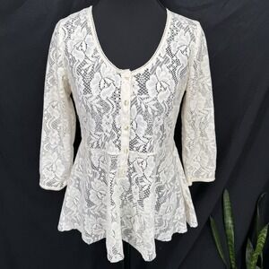Vtg Free People Sheer Ivory Lace Top XS Y2K Boho Cottage Romantic Dainty Floral